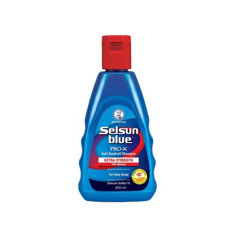 Selsun Blue Extra Strength Pro-X Anti-Dandruff Shampoo 120ml Selsun Blue Extra Strength Pro-X Anti-Dandruff Shampoo 120ml with selenium sulfide and menthol helps control stubborn dandruff, relieve itchy scalp, and keep hair clean, soft, and healthy-looking